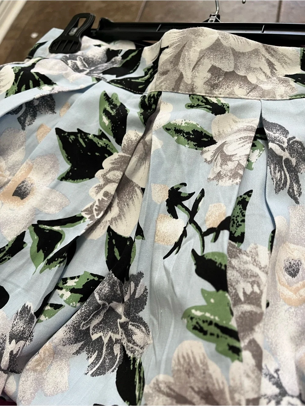 Light Blue Floral A-Line Skirt with Black and Green Accents L